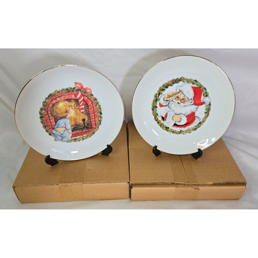 Jasco Porcelain Christmas Plates 22K Gold Edged 1982 New in Box Display Mount